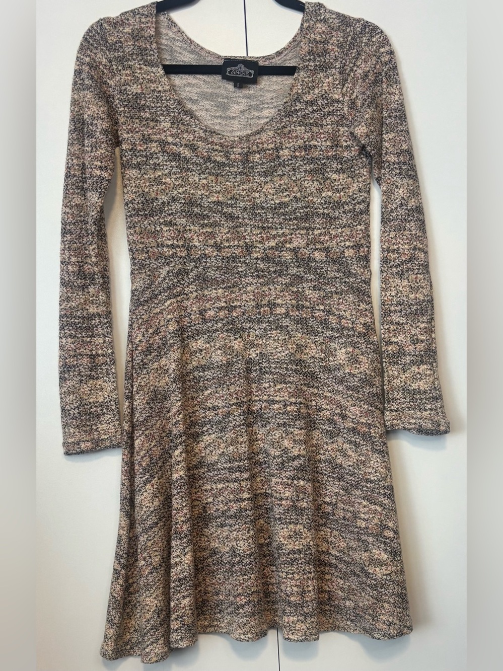 Long Sleeve Knit Fit-and-Flare Dress in Heathered Neutrals